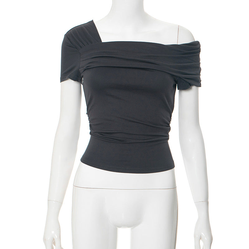 Wholesale Polyester Solid Color Single Shoulder Short Sleeved Open Back Pleated Top T-shirt
